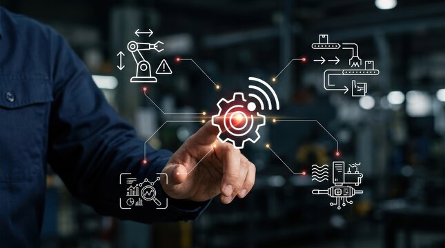 Professional's hand touching futuristic virtual gear icon connecting industrial automation, data, and manufacturing processes, industry 4.0, digital transformation modern technology business concept