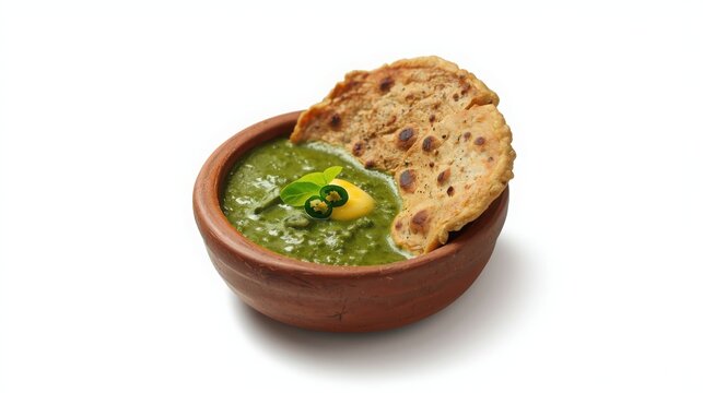 Traditional Indian saag with makki di roti served in rustic clay bowl on white background
