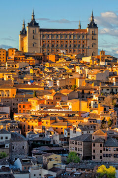 Spain. Toledo with Alcazar castle at sunset, Castilla-La Mancha. Summer tourism and travel