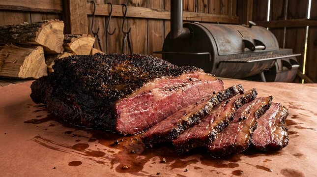 Close-up of sliced, smoked beef brisket with a dark, peppery bark, served on butcher paper in a rustic barn setting with a smoker and firewood in the background