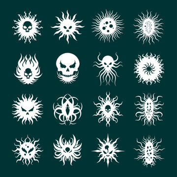 A collection of creepy white illustrations of various monster faces and skulls on a dark green background, including designs inspired by professional designers.