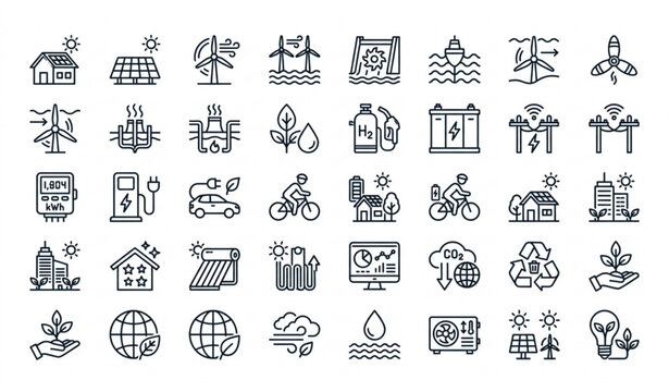 set of icons Clean Energy Line Icons Collection with Sustainable Technology and Green Power Concepts