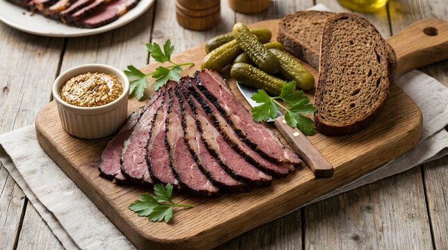 Sliced Smoked Meat with Pickles, Mustard, and Rye Bread on a Wooden Board - Delicious Appetizer or Meal