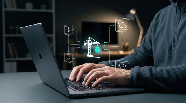 Professional developer using laptop for smart construction and logistics management with digital icons for supply chain automation, industrial software modern technology business concept