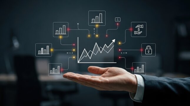 Professional's hand showcasing futuristic digital business analytics dashboard with growth charts, data management, financial security, market performance modern technology business concept