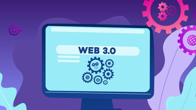 A computer screen displaying the text &ldquo;Web 3.0&rdquo; and illustrations of gears