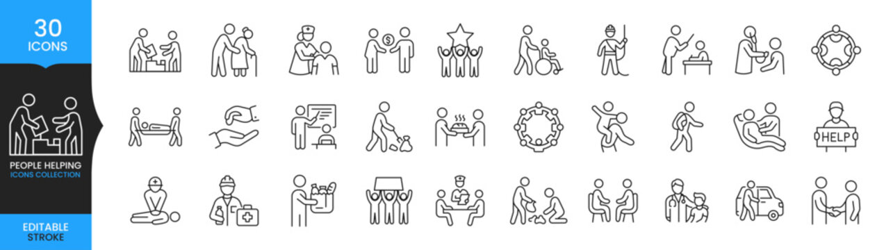 Volunteer People Helping Line Icons Set, Charity Support Community Care Healthcare Assistance Social Service Editable Stroke Vector Collection