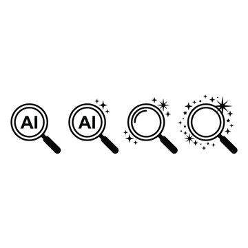 Four magnifying glass icons with AI text and starburst effects are shown.