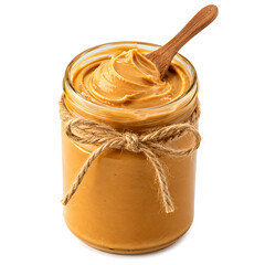 Fototapeta premium Peanut butter in a jar with a wooden spoon