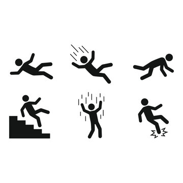 People falling down in various poses and actions on a flat surface