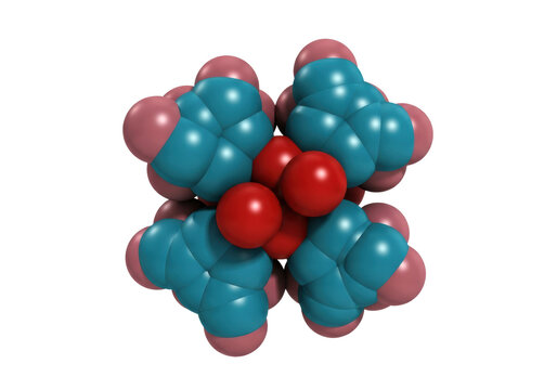 ultra-detailed 3d rendering of a human hemoglobin tetramer, cyan alpha chains and rose beta chains with crimson heme groups, floating against a white background. concept of structural biology and