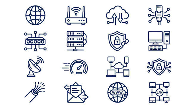 A collection of various line icons depicting internet and cybersecurity concepts on a white background.