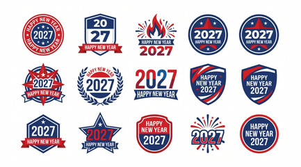 Set of happy new year 2027 badges and emblems with abstract starbursts shields flames festive circular designs abstract starburst circular collection celebration greeting seasonal © Shaon