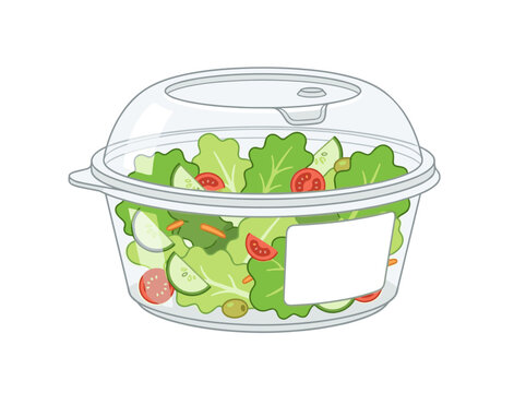 Clear plastic salad container with lettuce vegetables takeaway meal icon for healthy lunch packaging food delivery grocery prep diet freshness convenience concept clean vector artwork