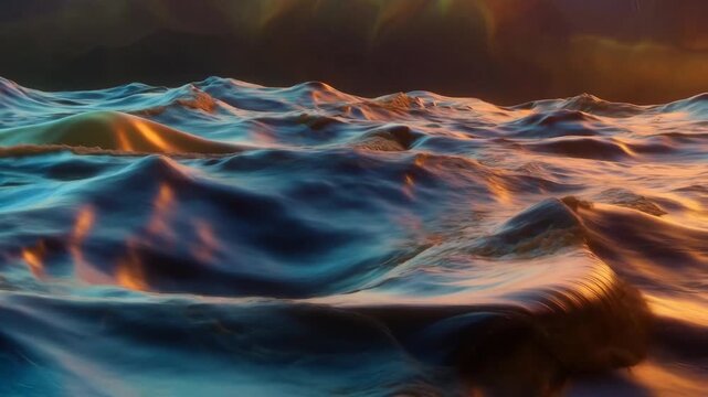 Colorful illuminated ocean waves in artistic style on a dark background, concept of nature beauty and serenity