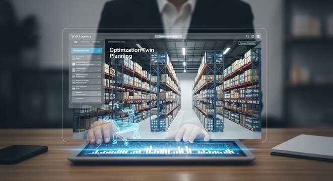 Man Interacting With Digital Twin Simulation of Warehouse for Optimization and Planning