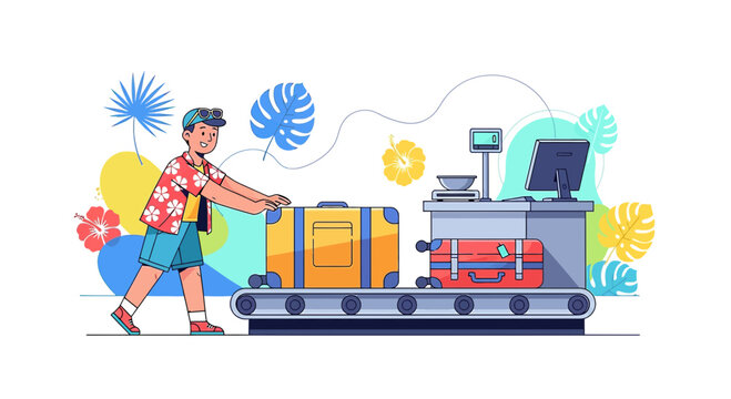 Happy tourist collects luggage from airport baggage claim carousel