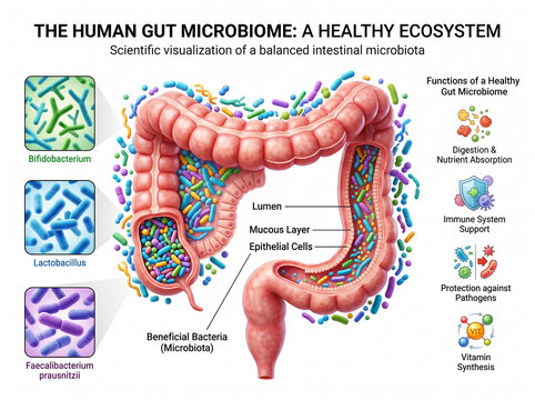 Human gut microbiome ecosystem and beneficial bacteria classification.