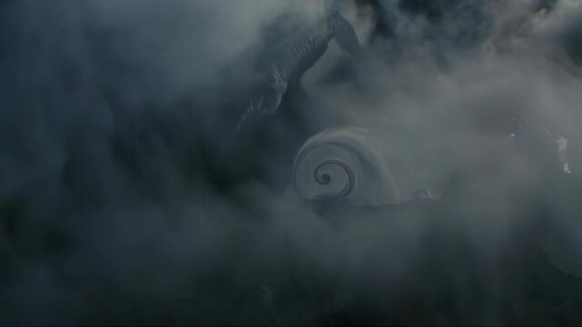 Dark monstrous figure in swirling mist, cinematic style, on foggy background, concept of mystery and fear