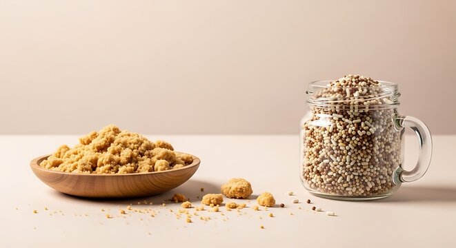 Healthy breakfast cereal with rolled oats in a glass jar and wooden bowl.