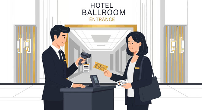 Hotel Ballroom Entrance - Staff Checking Tickets and Scanning IDs