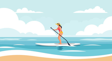 Fototapeta premium Woman paddleboarding on calm ocean water with blue sky and clouds, summer leisure activity