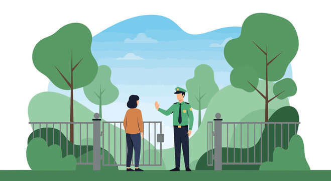 Gatekeeper Stops Woman at Park Entrance, Security Guard Duty