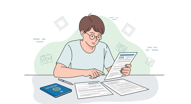 Young man filling out visa application form with passport and documents on table