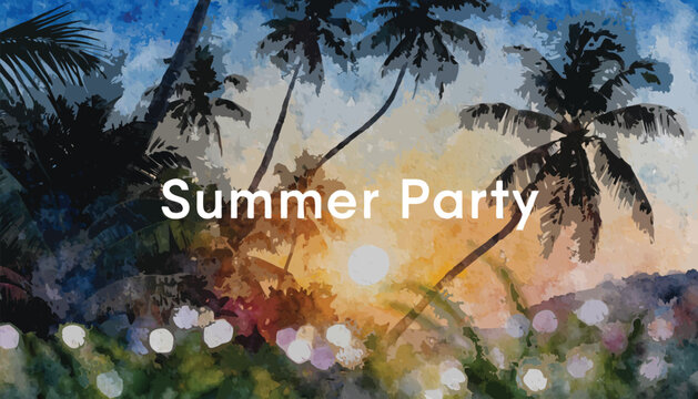 Watercolor sunset with silhouetted coconut palms and bokeh lights