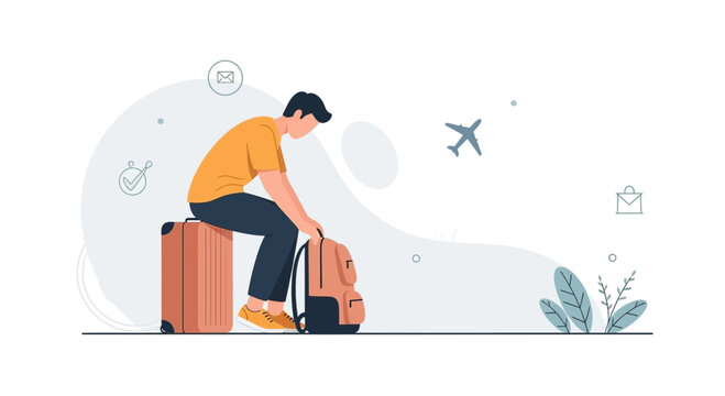 Young man sitting on suitcase with backpack, waiting for airplane travel