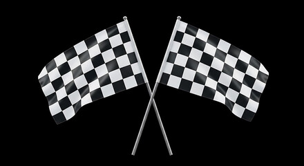 Naklejka premium Crossed Checkered Racing Flags Waving Isolated on Plain Black Background