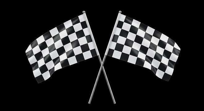 Crossed Checkered Racing Flags Waving Isolated on Plain Black Background