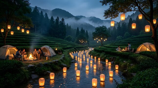 Night camping and river lanterns in terraced tea fields with mountains and mist