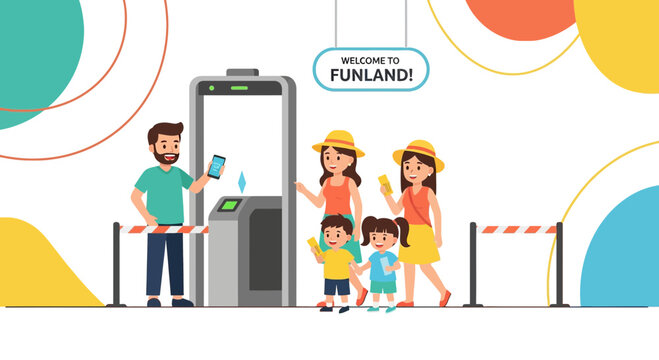 Family entering amusement park with digital tickets and contactless gate.