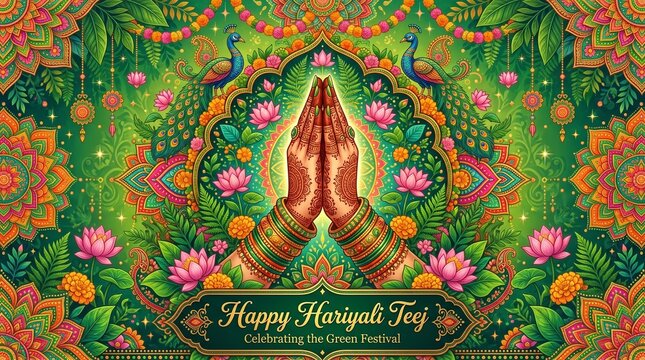 Hariyali Teej festival greeting with henna hand, floral pattern and text