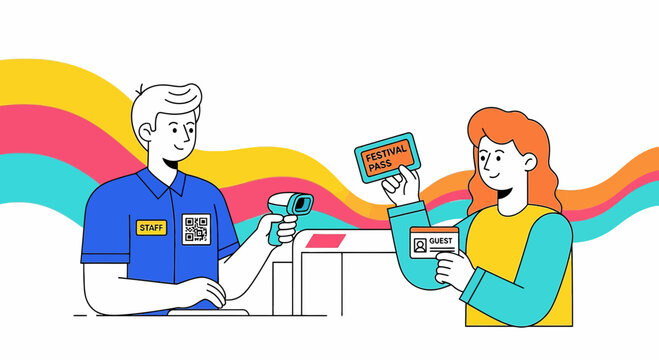 Event admission: Staff scans festival pass at entry gate, vibrant background.