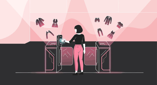 Fashion Technology: Woman using self-checkout for modern clothing purchase