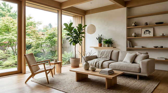 Modern Japandi Living Room Interior with Natural Materials Minimalist Furniture and Large Windows