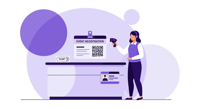 Event registration, scanning QR code ticket, reception desk, modern illustration