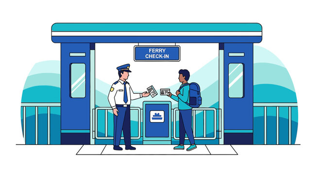 Ferry Check-in: Guard Inspects Passenger Ticket and Passport