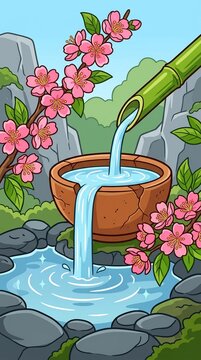 Serenity scene with water flowing from bamboo into stone bowl amidst cherry blossoms