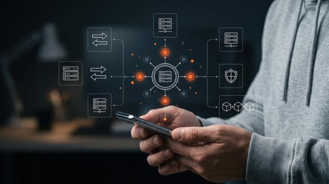 Professional using a smartphone to manage a centralized cloud server network with holographic data transfer icons and secure infrastructure, database administration modern technology business concept