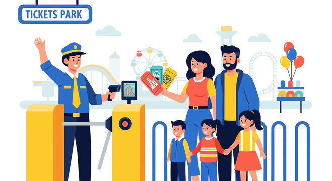 Family at Amusement Park Entrance with Security Guard and Ticket Scan