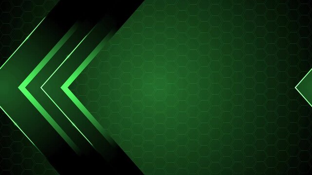 Dark geometric background with hexagonal pattern and layered glowing chevron arrows pointing left animation