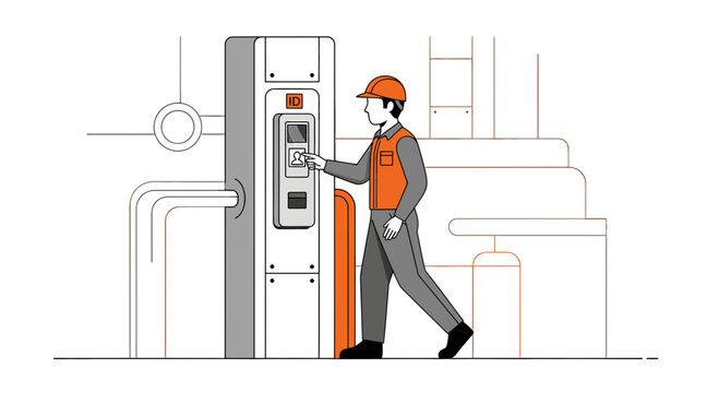 Factory Worker Using Card Reader Machine in Industrial Plant