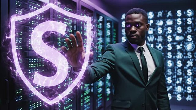 Protective African American businessman interacting with a glowing purple shield containing a legal section symbol in a high-tech server room.