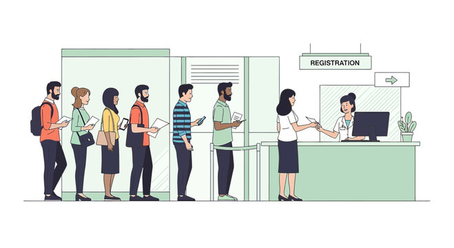 Diverse people queuing for registration at a counter, illustration style with muted colors.