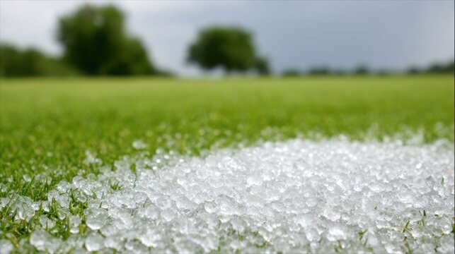 Sharp angular hailstones covering grassy field under cloudy skies during a winter storm