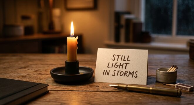 Candle with message of hope burns on wooden table