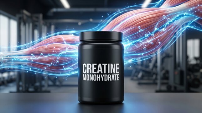 Creatine monohydrate supplement container in a gym setting, representing sports nutrition, strength training, muscle performance, fitness goals and athletic recovery